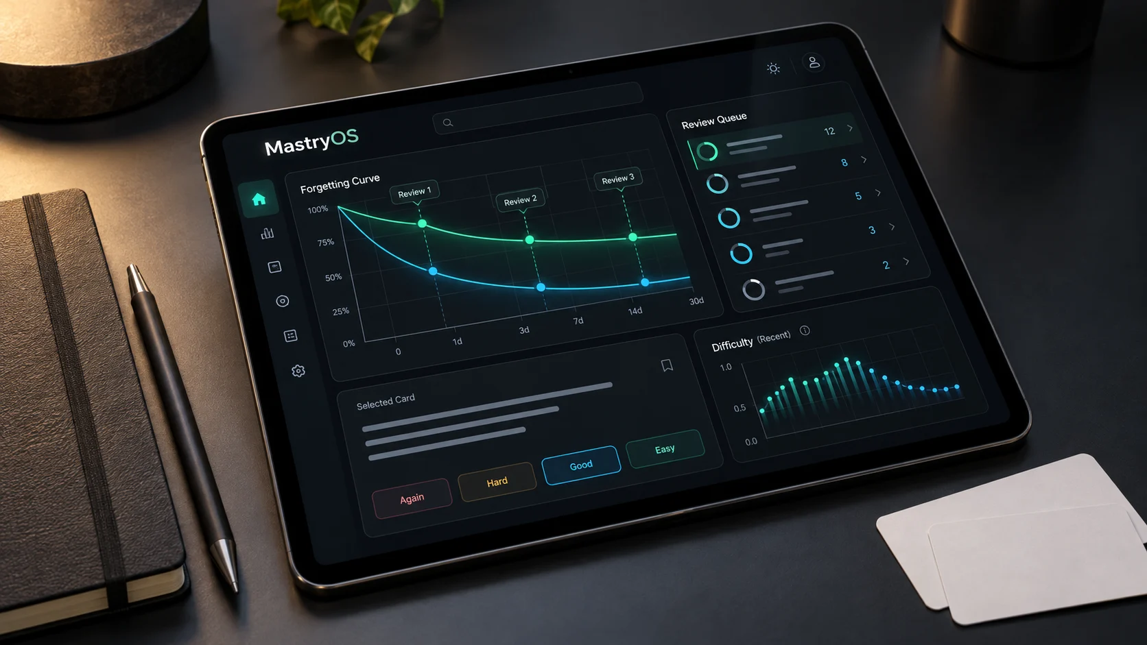 Ilustrasi tablet MasteryOS menampilkan kurva review, antrean materi, dan kalibrasi kesulitan di dalam layar